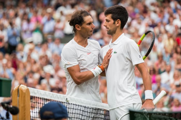 Rafa Nadal and Novak Djokovic at Wimbledon in 2018.